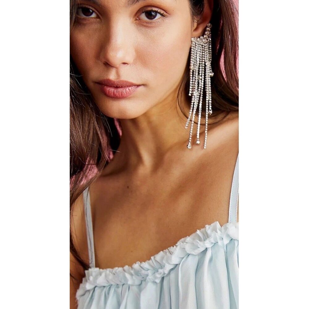 Free People Earrings Ear Party Crystal Rhinestone Fringe Climber Silver Tone NWT